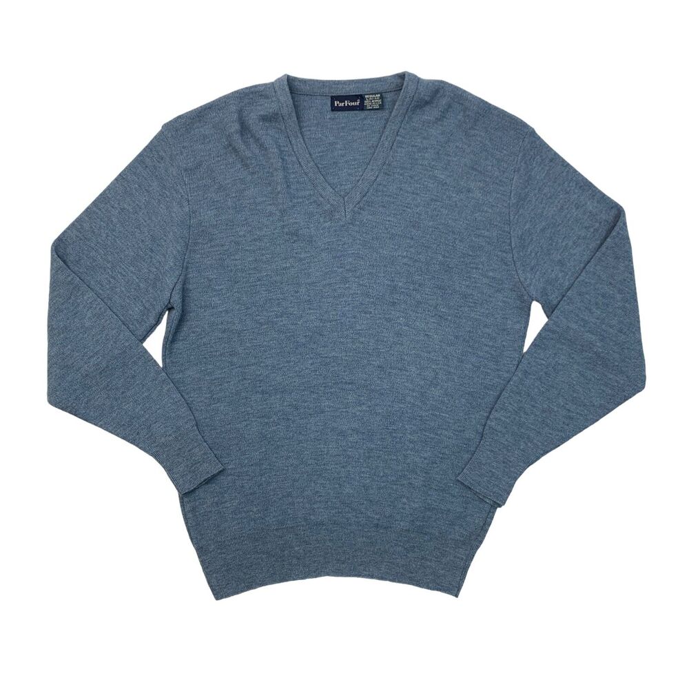 Vintage Par Four Sweater Men L Large Shark Blue Acrylic V Neck Pullover Made USA